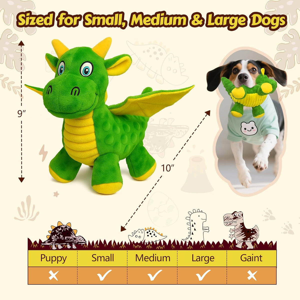 Squeaky Dog Toy, Plush Dragon with 5 Squeakers and Crinkle Wings - Green & Blue - image 4