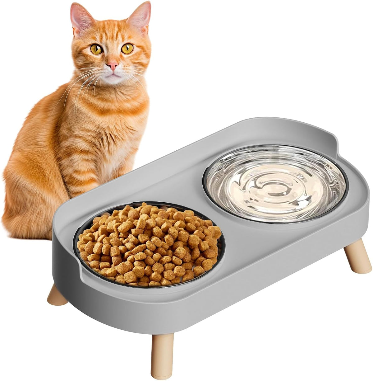 Elevated Cat Bowl, Raised Cat Food and Water Bowl Set for Indoor Cats, Splash Proof with 2 - Cat Bowls-Grey