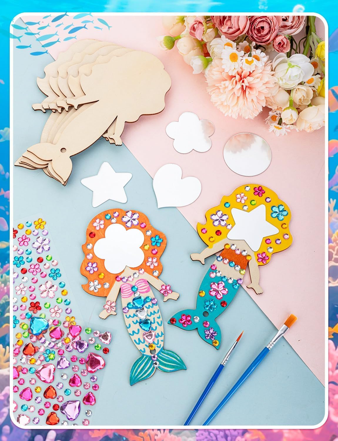 XJWWHZ wooden princess mirror craft kit, 12 DIY mirrors with gem stickers and brushes - view 4