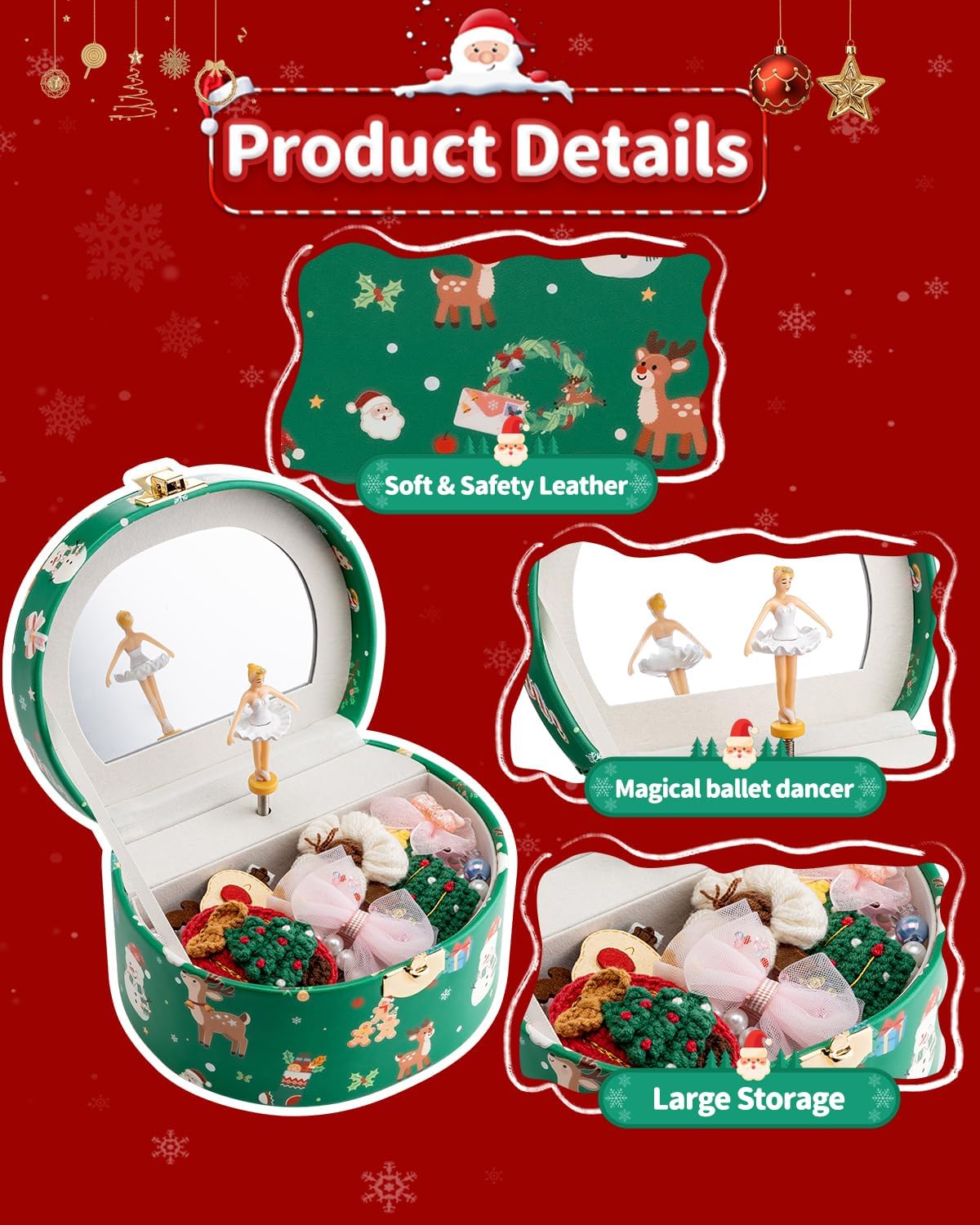 VLANDO Musical Jewelry Box for Girls - G.Christmas Green - image 3