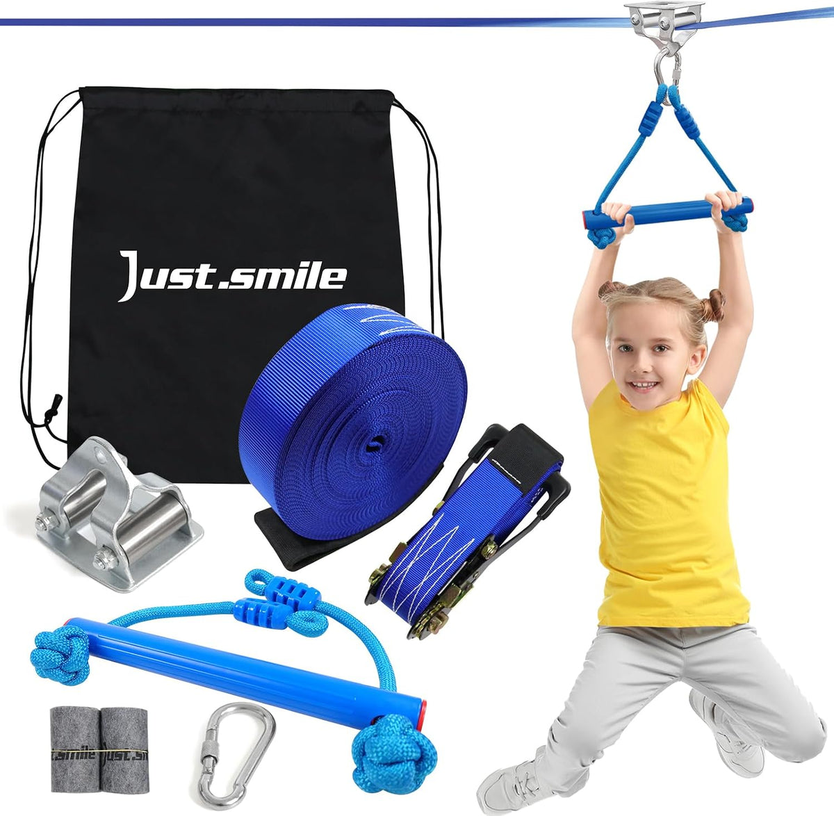 Just.smile kids zipline kit with 60 ft slackline, pulley and swing seat