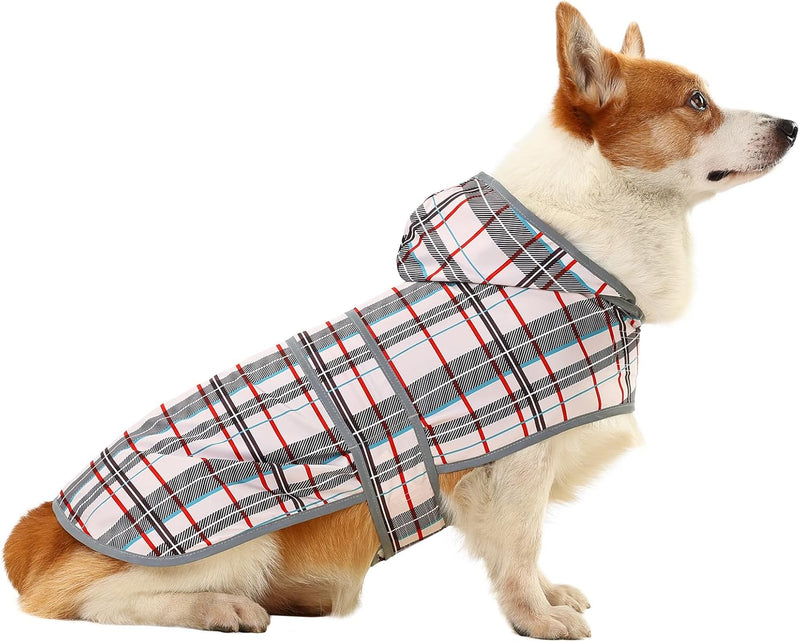 Dog Raincoat for Small Dogs Puppies Waterproof Jacket Hooded Rain - Khaki Plaid / Large