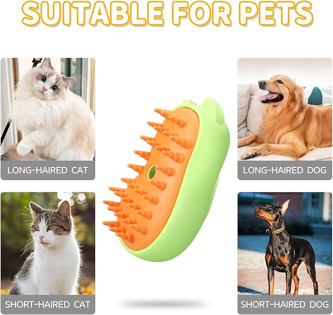 Rechargeable 3in1 Self-Cleaning Steam Grooming Brush for Cat and Dog Shedding - 2 Gears for Long/Short Hair - Green