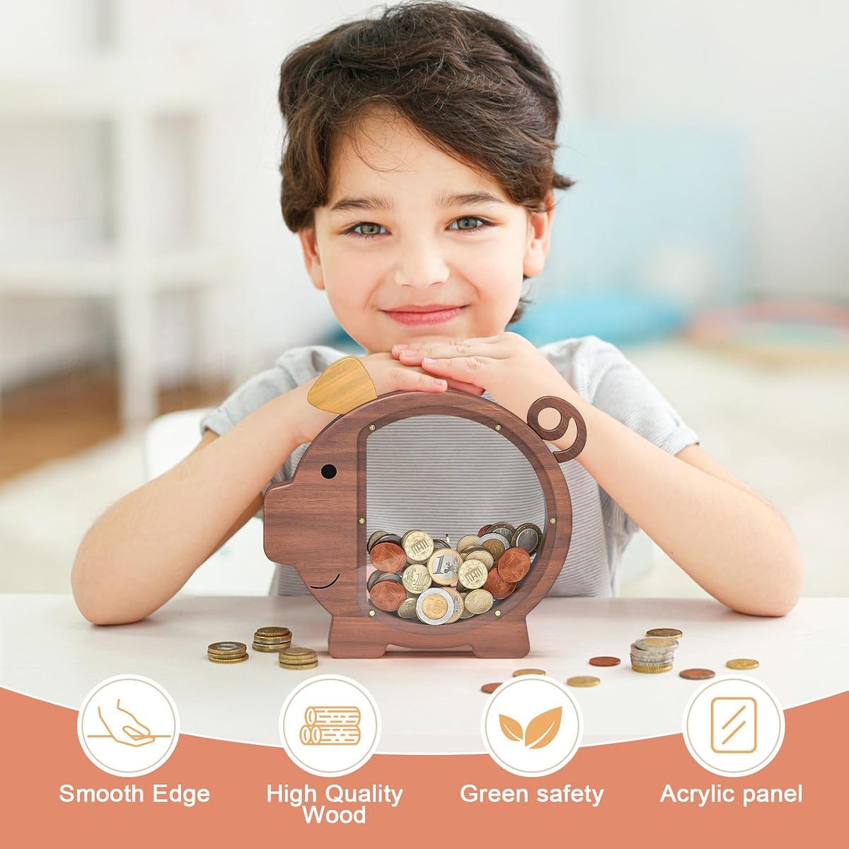 Summidate Pink Piggy Bank for Kids Girls - Walnut Wood Piggy / Standard - image 2
