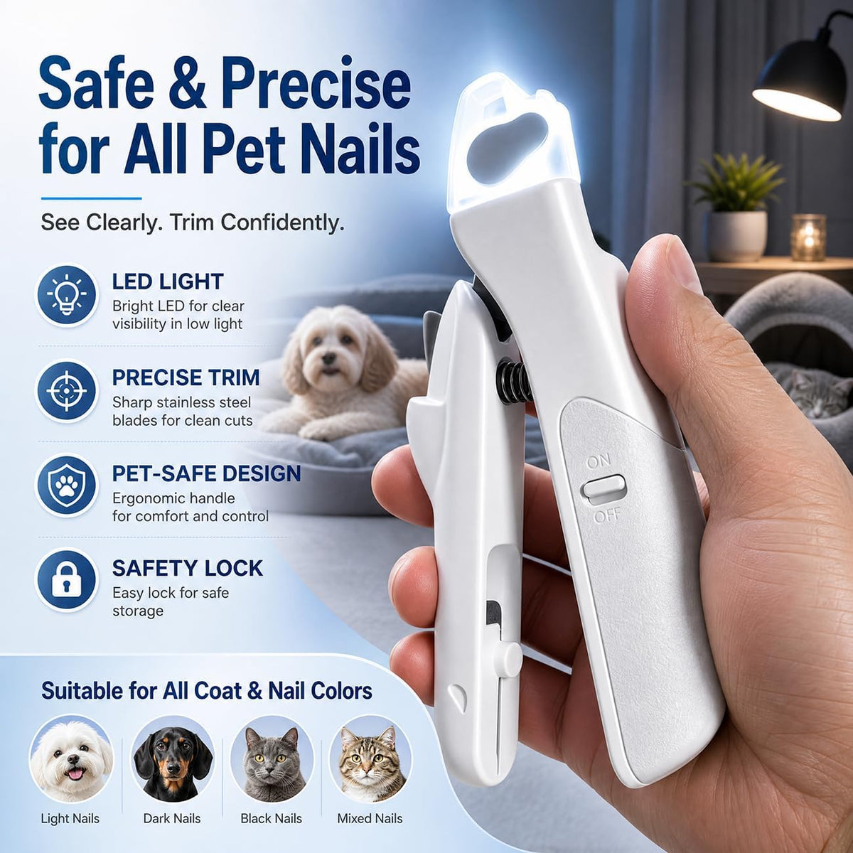 Dog Nail Clippers, All Steel Material, Built-in Spring - White‑LED Pet Nail Clipper - image 2