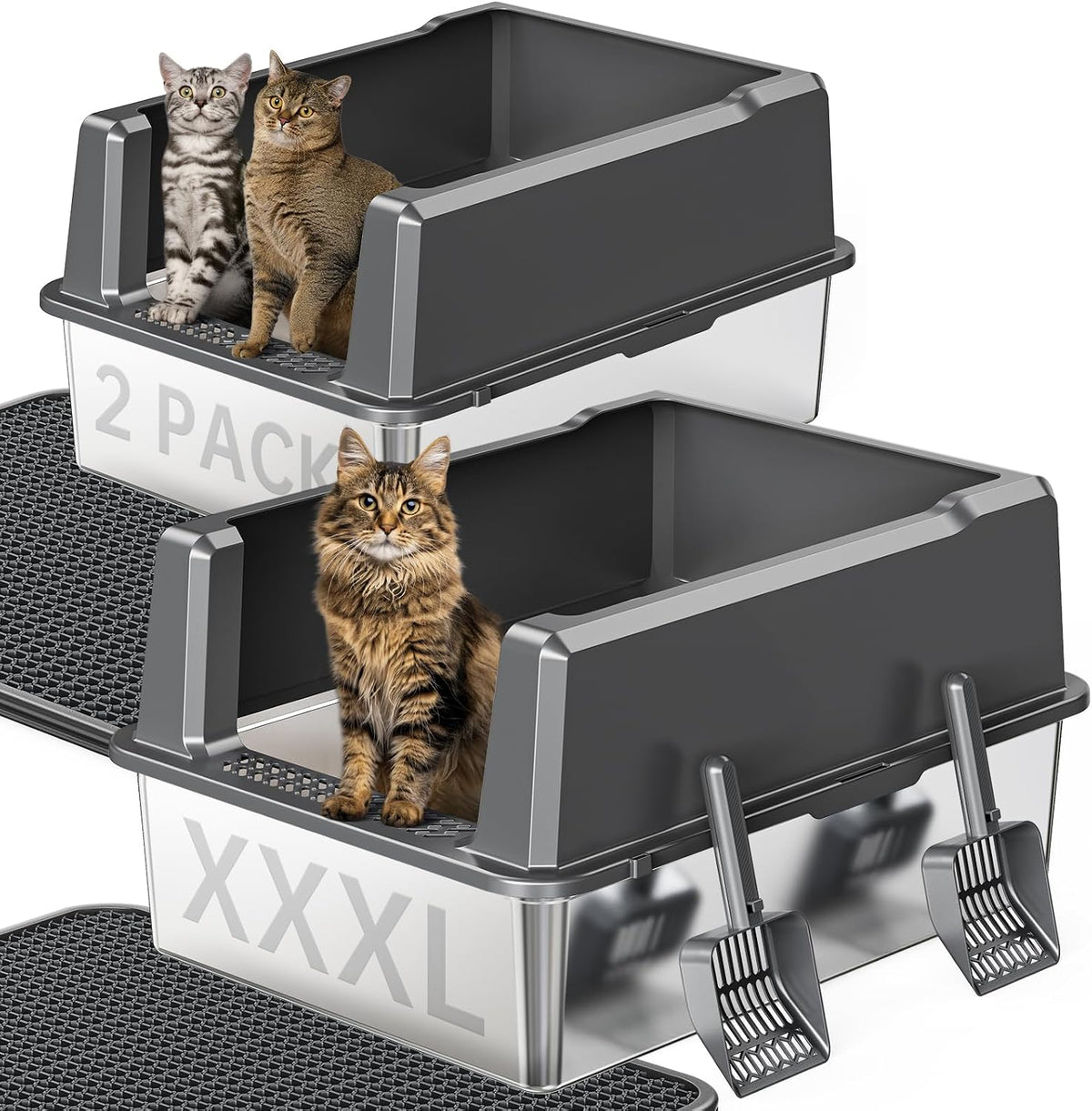 XXL Stainless Steel Litter Box with Lid for Multiple & Big Cats – Daily Care for Cats - Two Grey / XXX-Large