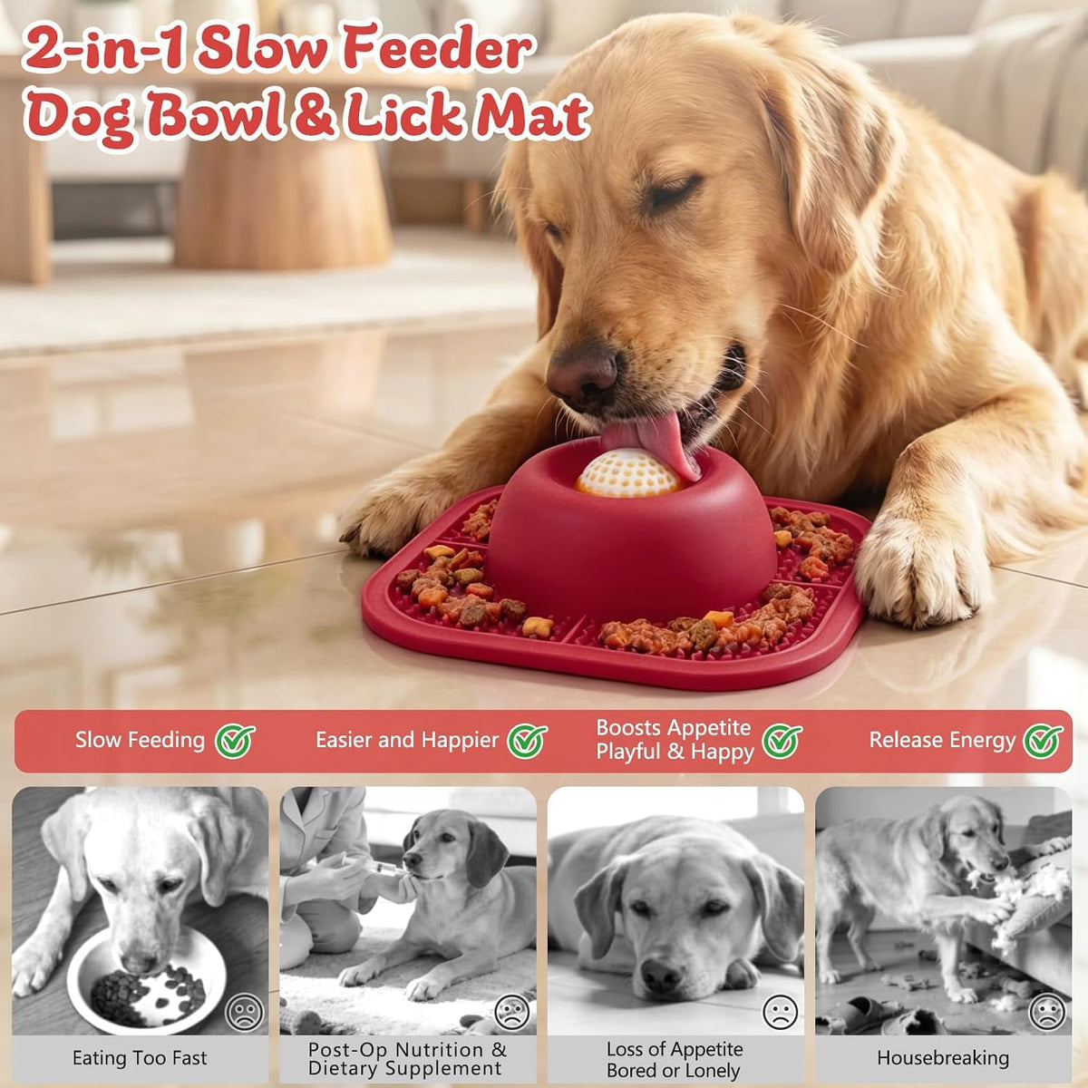 Slow Feeder Dog Bowls & Lick Mat for Liquid and Thick Treat - Large / Red - image 2