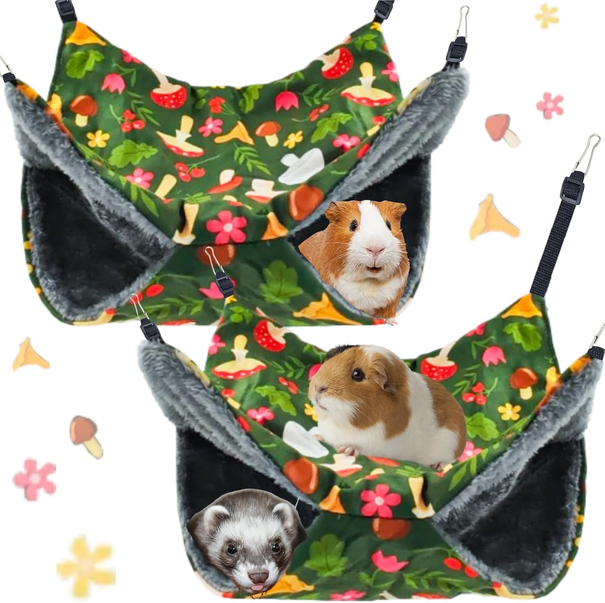 Straps are Adjustable Sugar Glider Pouch Hammock Bed Bedding - 2Tier Green Mushroom X2Pcs