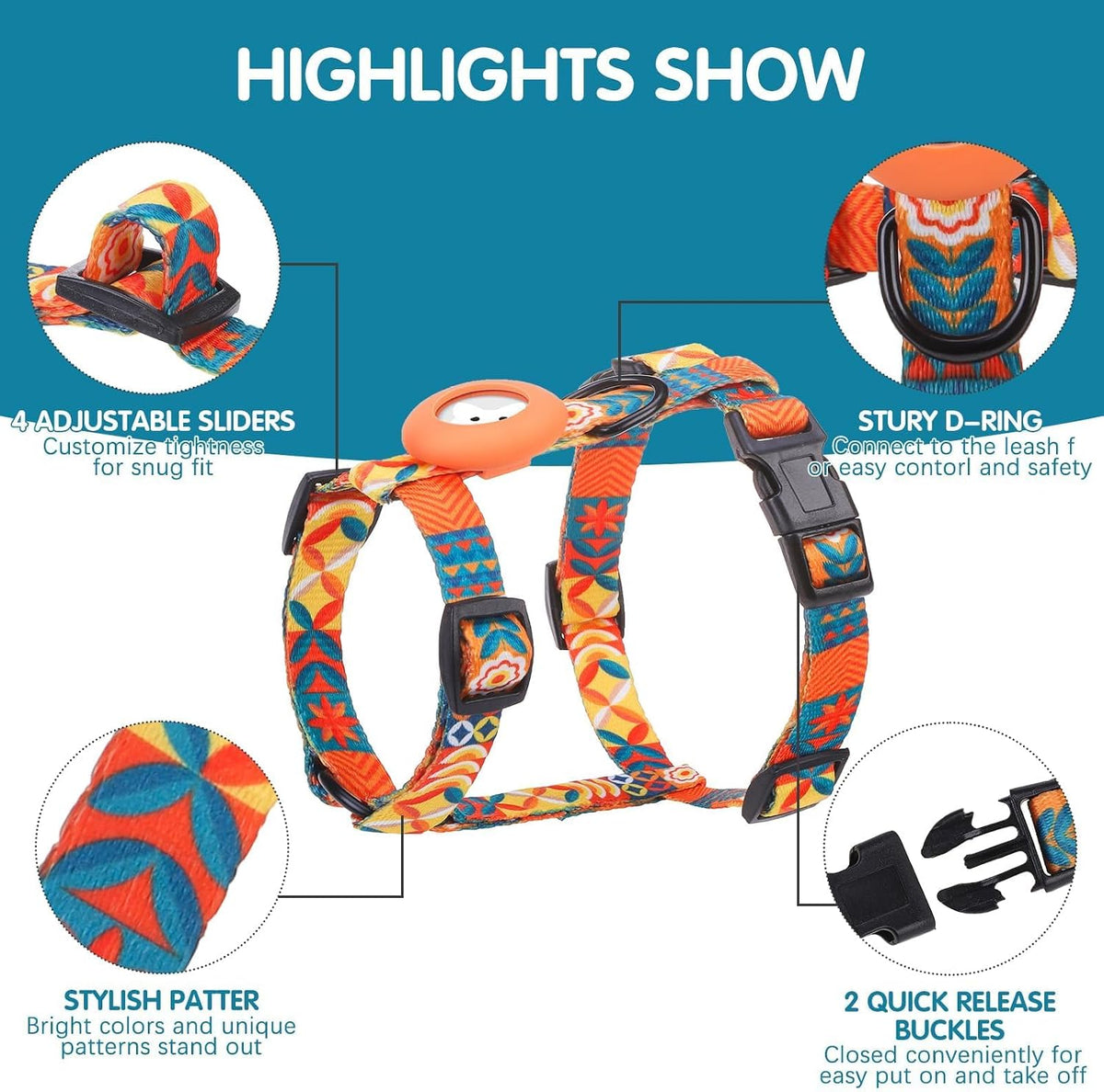 BINGPET Cat Harness with Airtag Holder - Orange Print (Both Buckles on Chest) - image 3