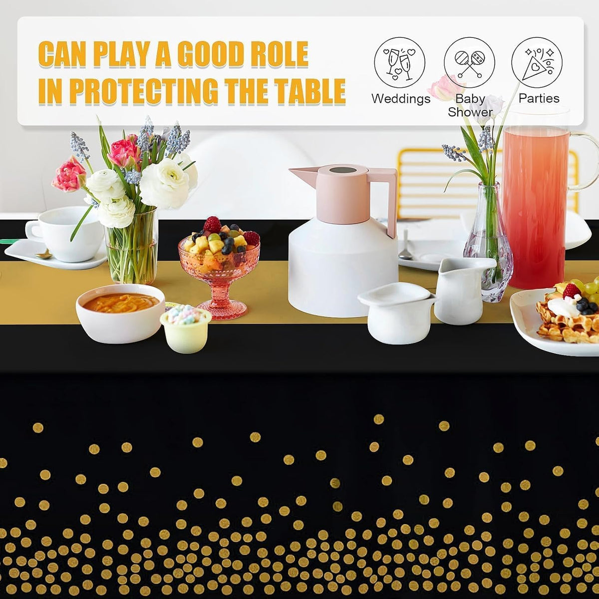 Childom 3 Pack Black and Gold Tablecloths for Events - Black and Gold - image 3