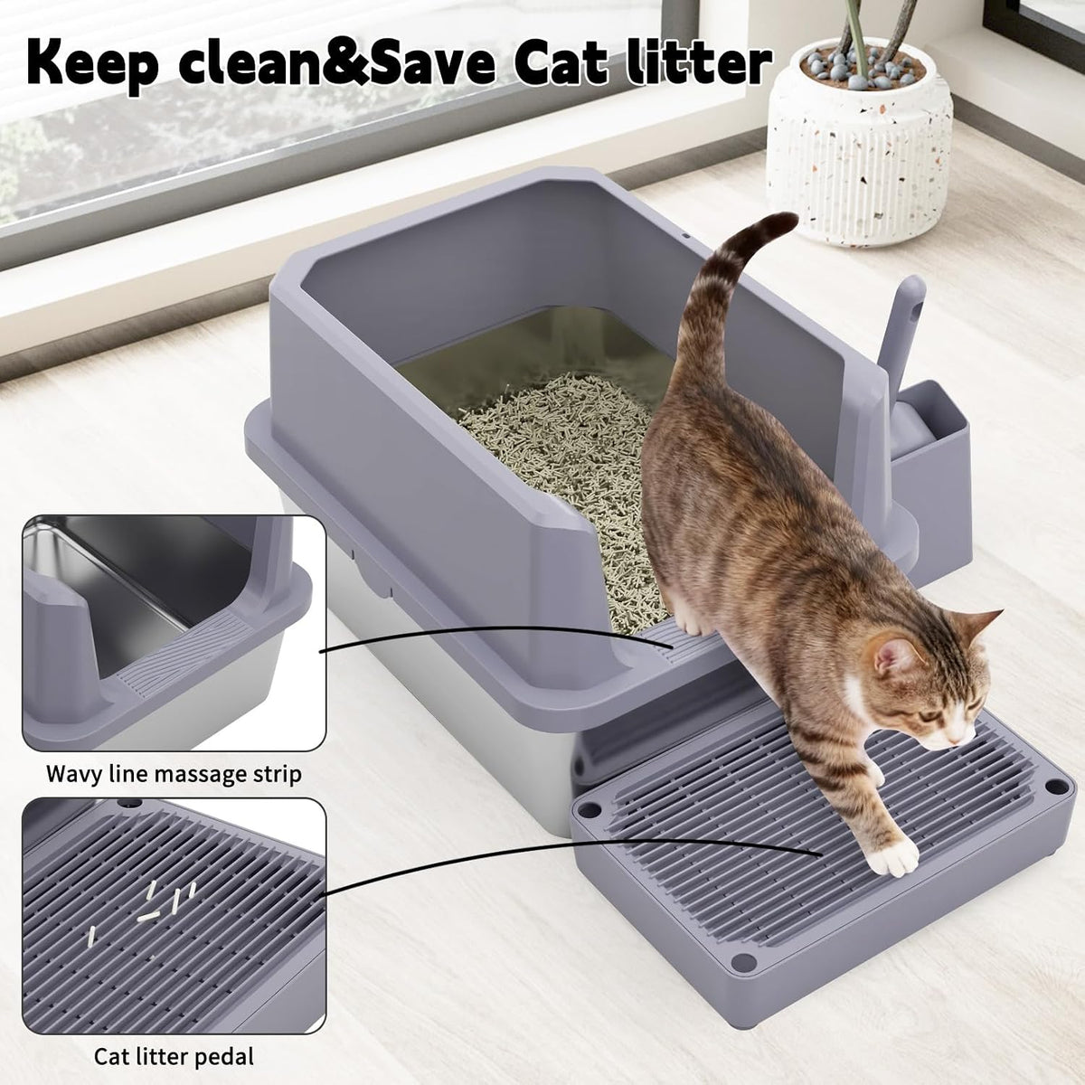 RIZZARI Stainless Steel Litter Box: High Sides for Kittens & Small - Gray - image 3