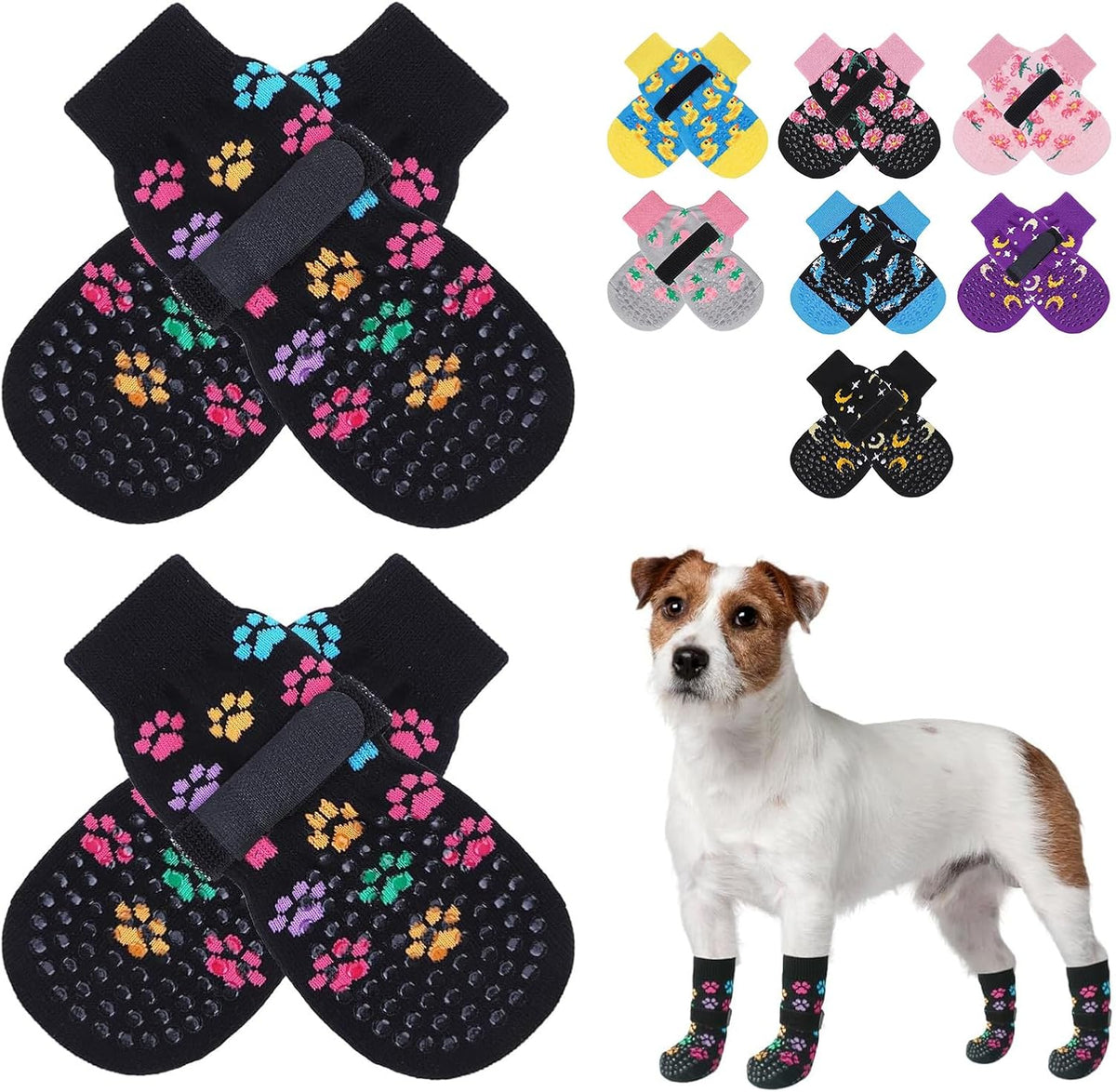 Anti Slip Dog Socks to Prevent Licking Paws for Hardwood Floors – Essentials for Dogs - XS(Pack of 4) / Colorful Paw(Black)