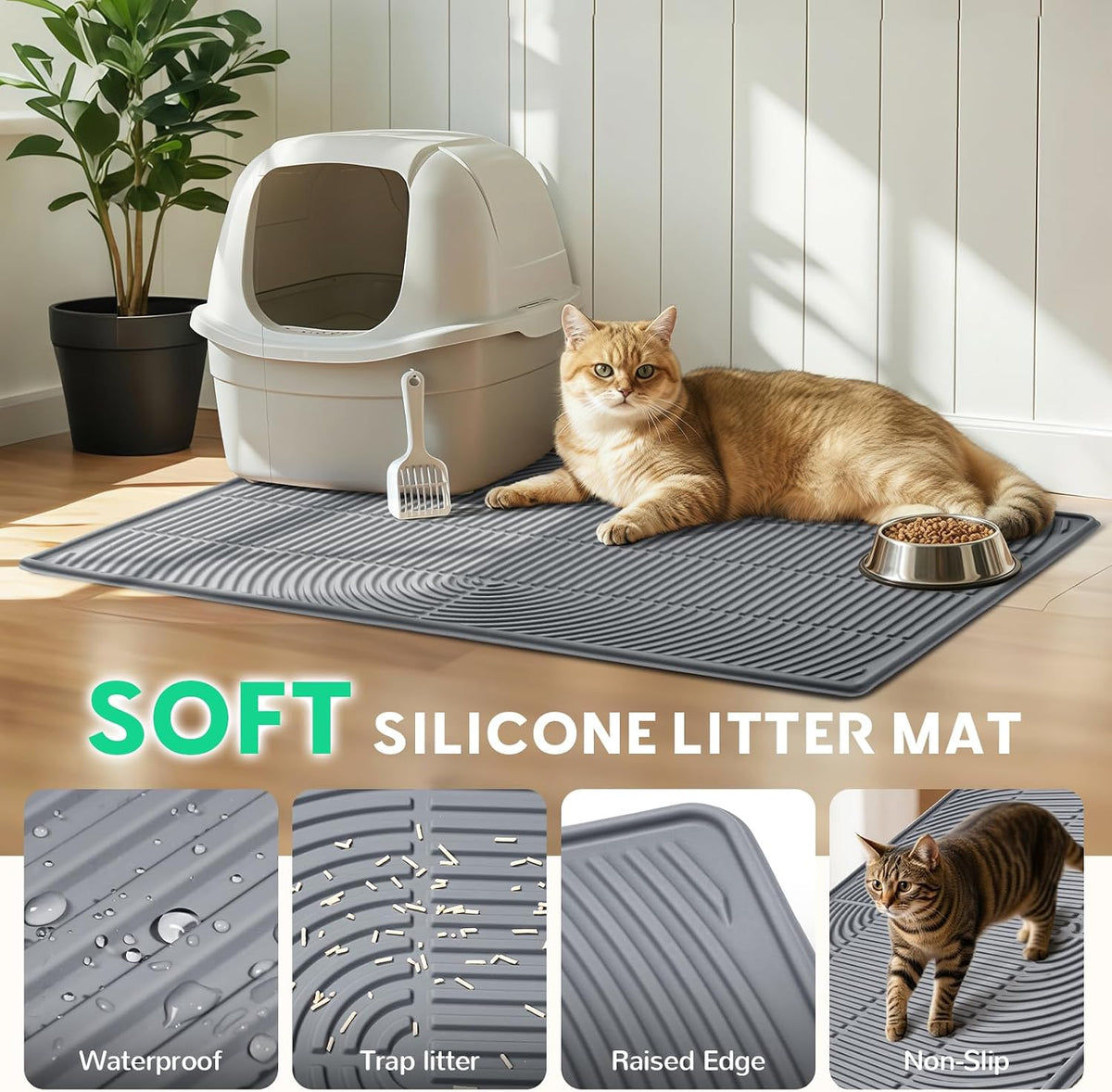Cat Litter Mat,47" x 35" Extra Large Silicone Waterproof Litter Trapping Mat for Scatter Control - 47" x 35" / Grey - image 3