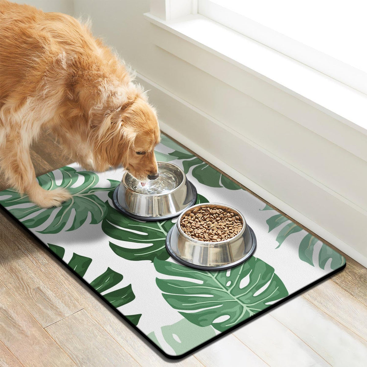 Dog Food Mats for Floors, Absorbent Dog Bowl Mat for Food and Water Dispenser, Quick Dry Cat Food - Leaves / 20"L x 12"W - image 2