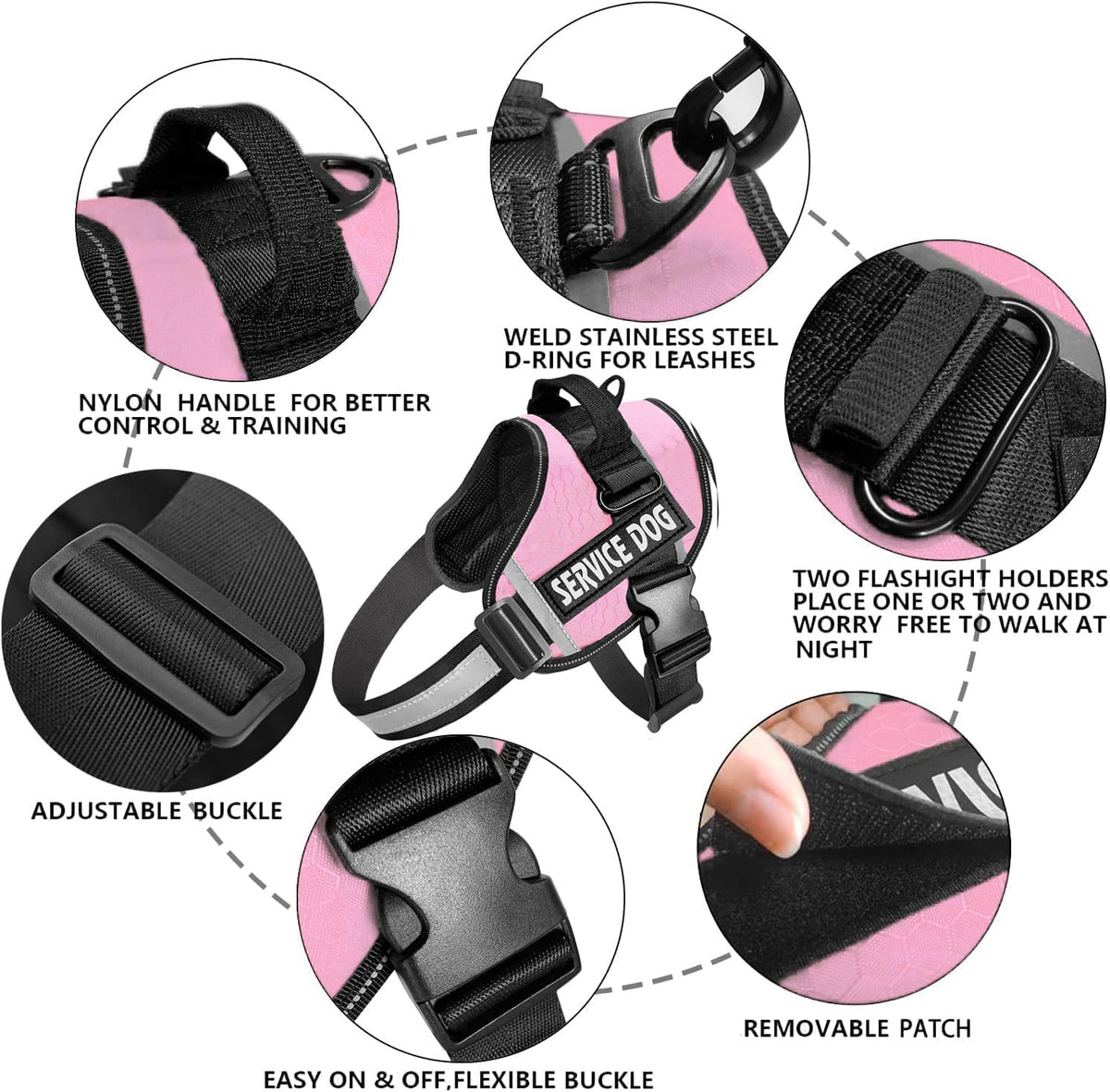 JSXD Dog Harness,No-Pull Service Dog Harness with Handle Adjustable Outdoor Pet Dog Vest 3M - XS / Pink - image 2