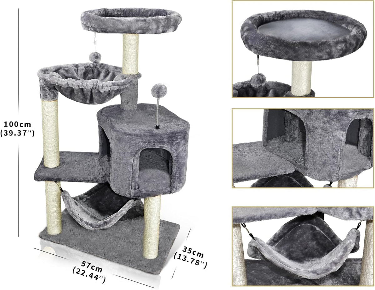 YUNIQUE Cat Tree with Cat Condo and Big Hammock, Grey – Essentials for Cats - 39.4'' Grey - image 3