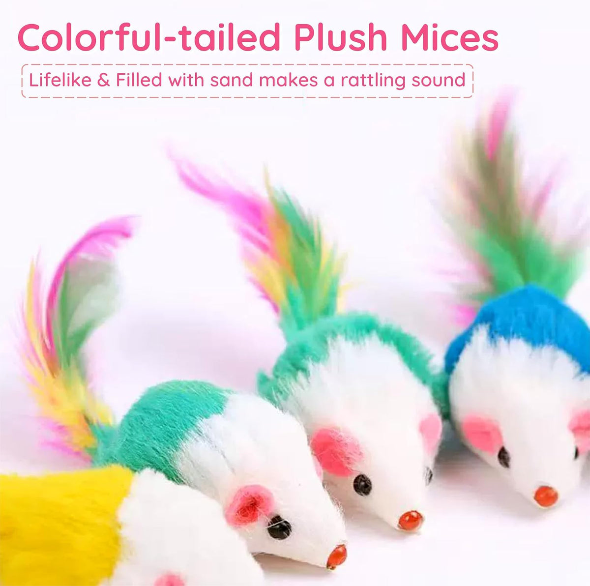 Cat Toys, 6 Pack Furry Rattle Mouse Toy Interactive Cat Toy with Feather Tail, 6 Assorted Faux Fur - 6PCS Furry Rattle Mouse Cat Mouse Toys - image 2