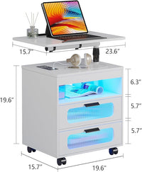 HNEBC Nightstand with Wireless Charging Station, LED Nightstand Has Adjustable Rotary Workstation,Smart Night Stand with 2 Drawers,Modern Bedside Table for Bedroom, Sensor Light/Wheel (White)
