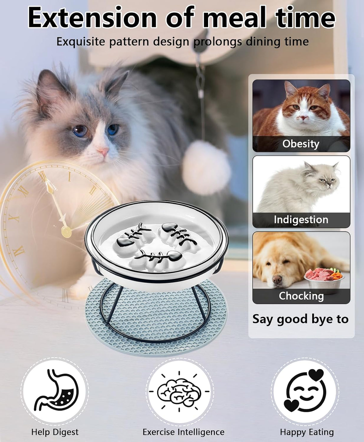 Ceramic Elevated Slow Feeder Cat Bowl, Anti Vomit - Black - image 3
