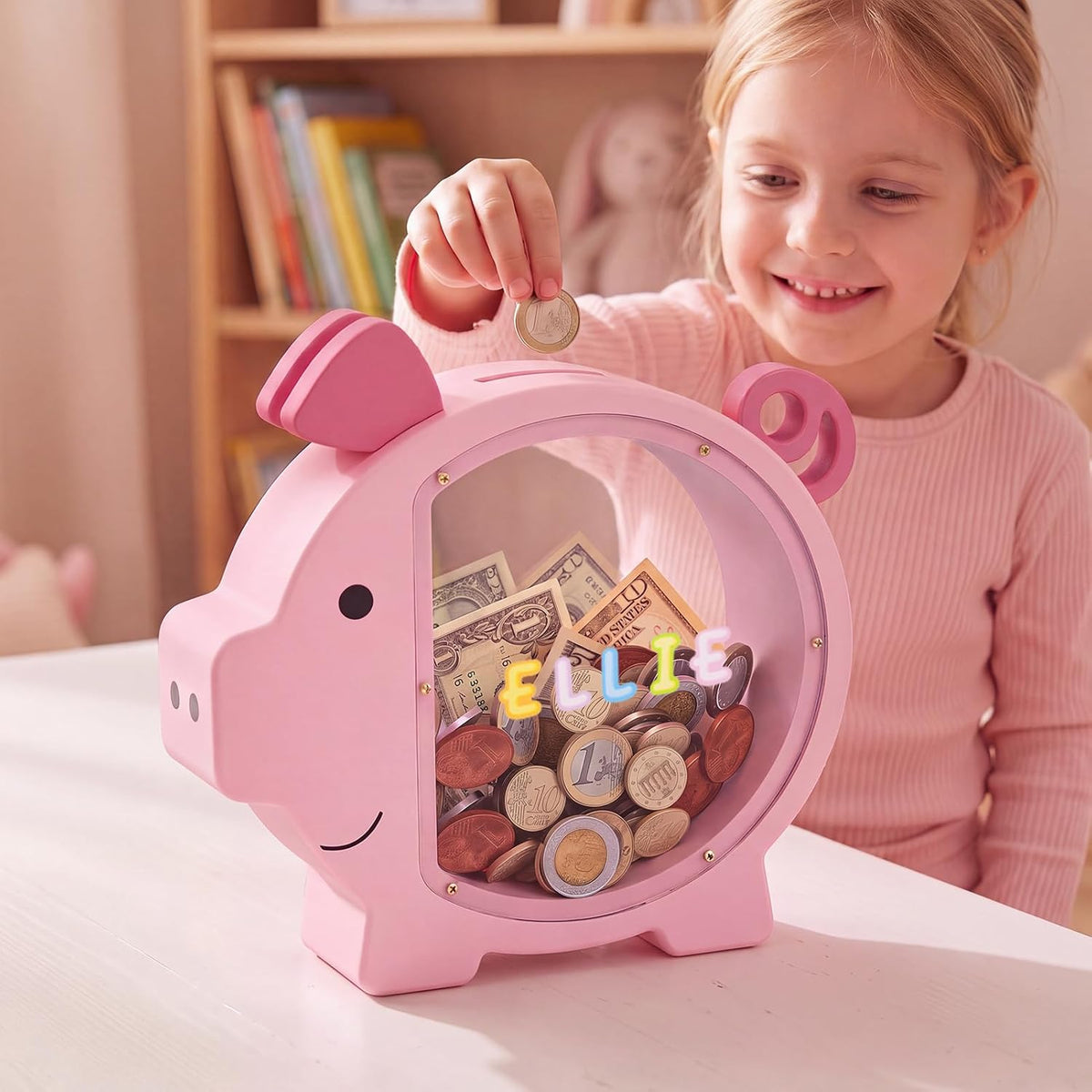KMC wooden piggy bank for kids with clear acrylic front panel in pink - view 2