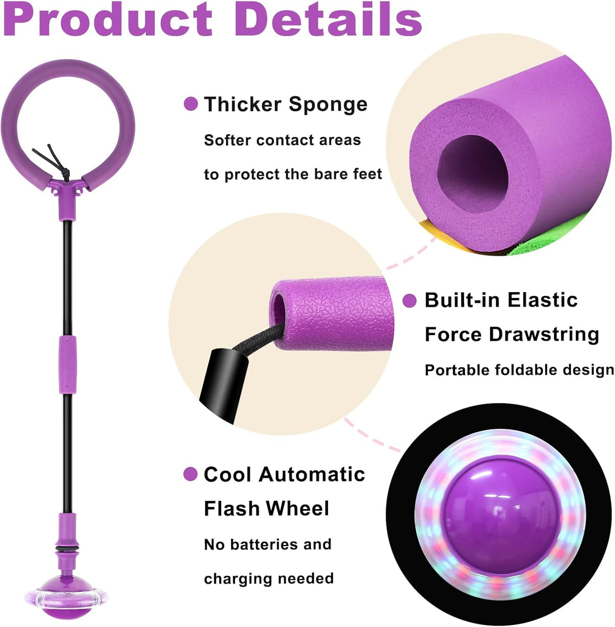 Hewog Skip Ball, Portable Foldable Colorful Flash Wheel Swing Ball, Kids Toys for Girls & Boys - Purple - image 4