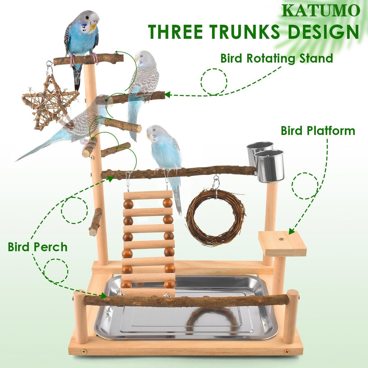 KATUMO Bird Playground - Natural Wooden Perches Parakeet Ladder Conure Swing Bird Cage Accessories - image 2