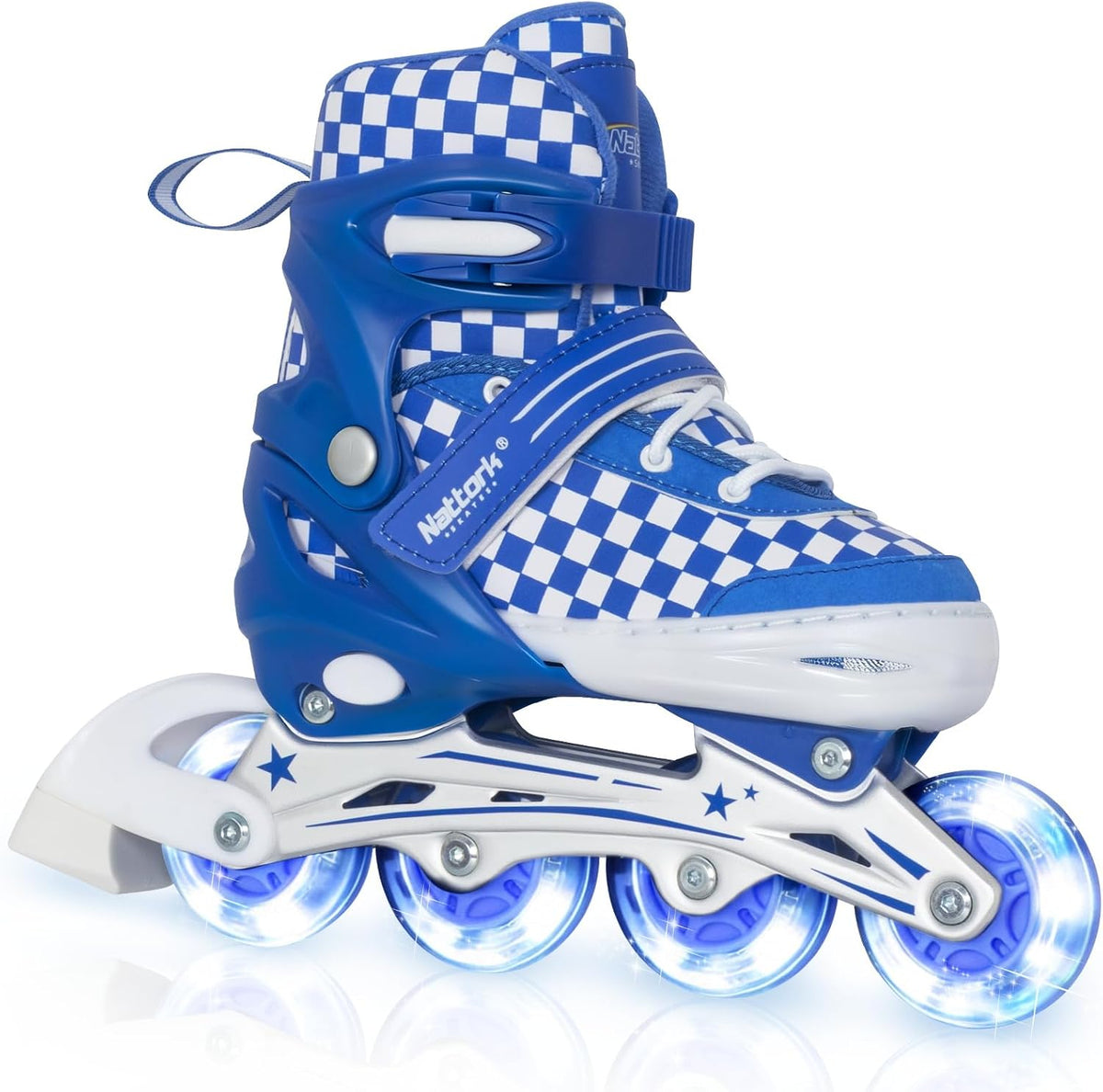 Nattork adjustable inline skates for kids with light-up wheels and checkerboard upper - view 2