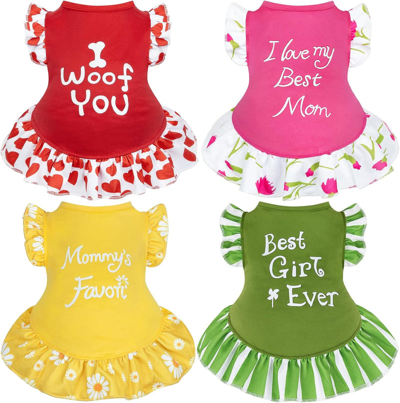 4 Pieces Dog Dress Girl Clothes for Dogs Girl Flower Dresses - Red, Yellow, Pink, Green / Large (Chest-20.9"|Weight 14-19lb)