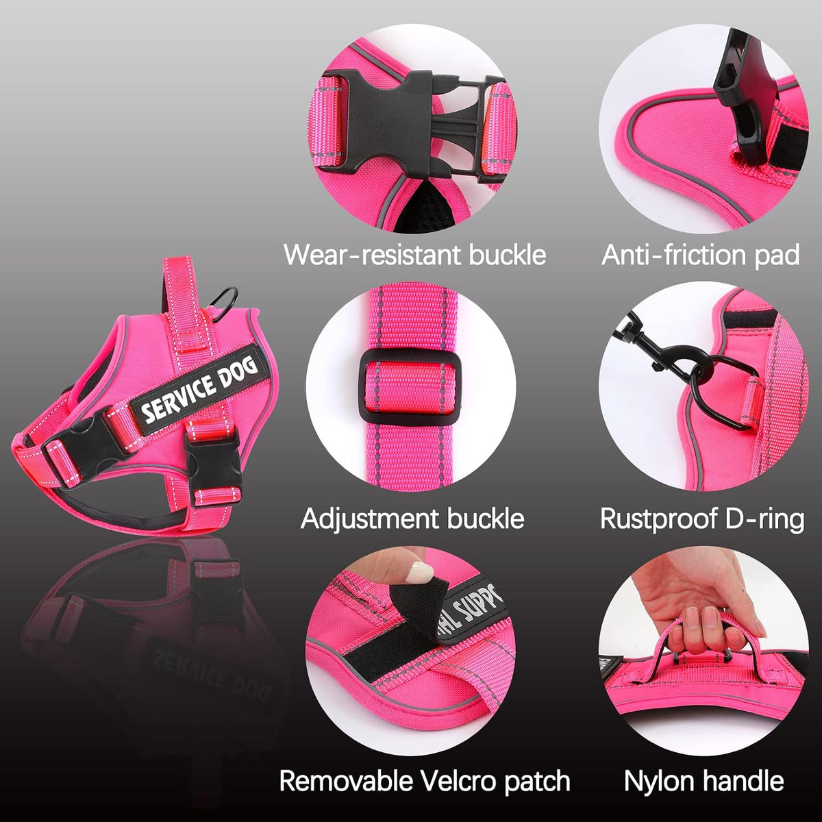 voopet Service Dog Harness, Emotional Support Pet Vest Harness - Medium (Pack of 1) / Hot Pink - image 2