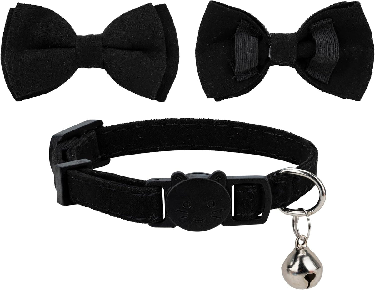 Collar for Cat Pet Breakaway with Bell Bowtie Detachable Bow - Plaid & Solid-Black - image 3