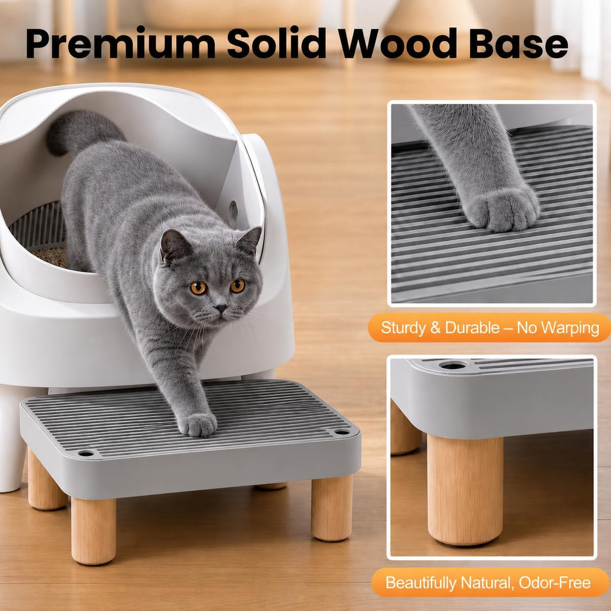 Litter Box Step, Litter Box Ramp/Catcher with Wooden Base - L-light Gray - image 4