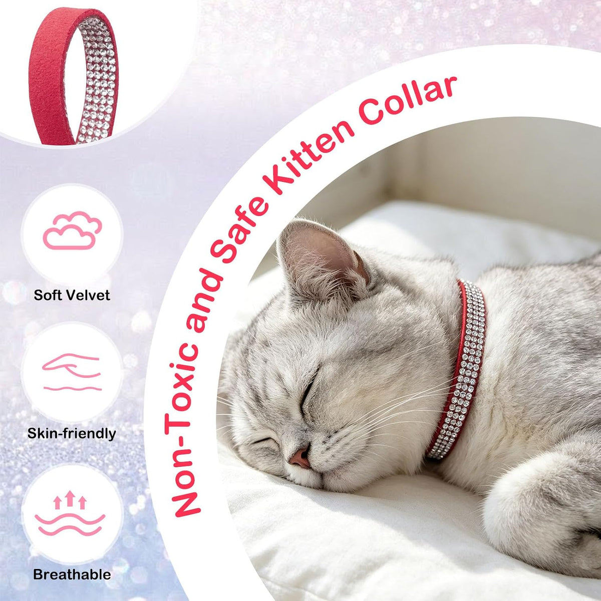 Rhinestone Cat Collar Breakaway, Bling Sparkly Diamond - Red-1 / 8"-12" Cats / Mini Dogs - image 2