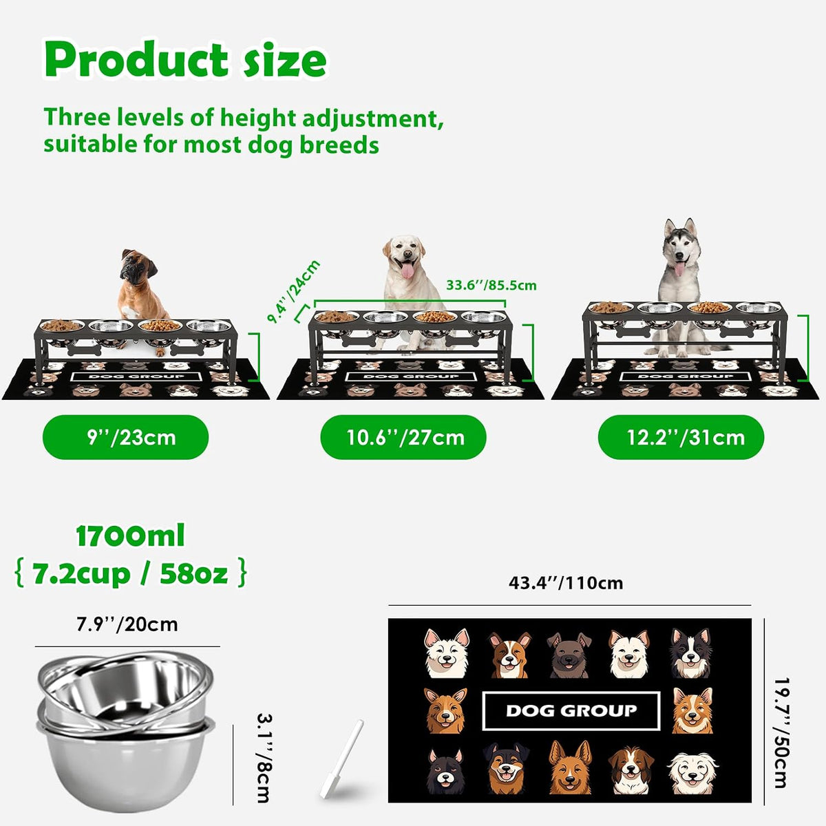SHAINFUN Elevated Dog Bowls with Slow Feeder & Mat for Medium - Black-1.7L-Four - image 4
