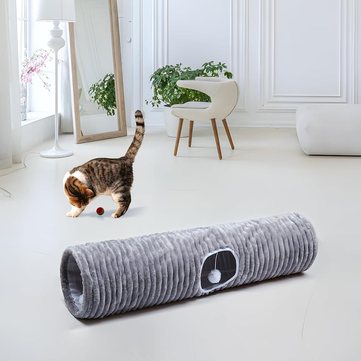Luxurious Cat Tunnel,43" Straight Cat Tunnel Toys with Balls for Indoor,Collapsible Peekaboo Cave - Gray Stripe - image 2