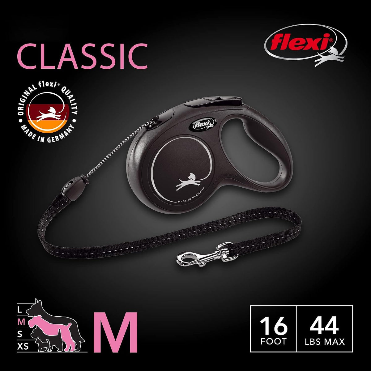 FLEXI Classic Cord Retractable Dog Leash - Black / Medium - 16 ft (Cord) - image 2