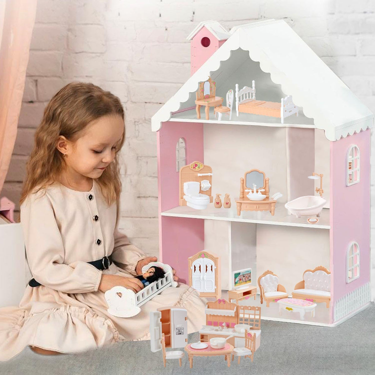 Thildani 35-piece pink and white dollhouse furniture set for bedroom, bathroom, living room and kitc - view 14