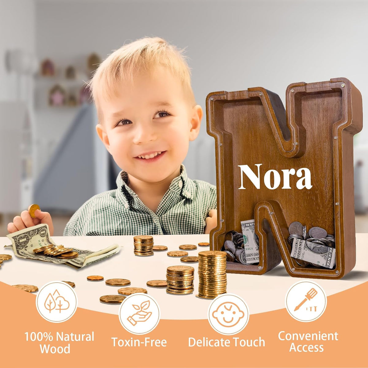 JOOMLAFLY Wooden Letter Piggy Bank for Kids 9"Clear Coin Bank - N / Initial-12" - image 2