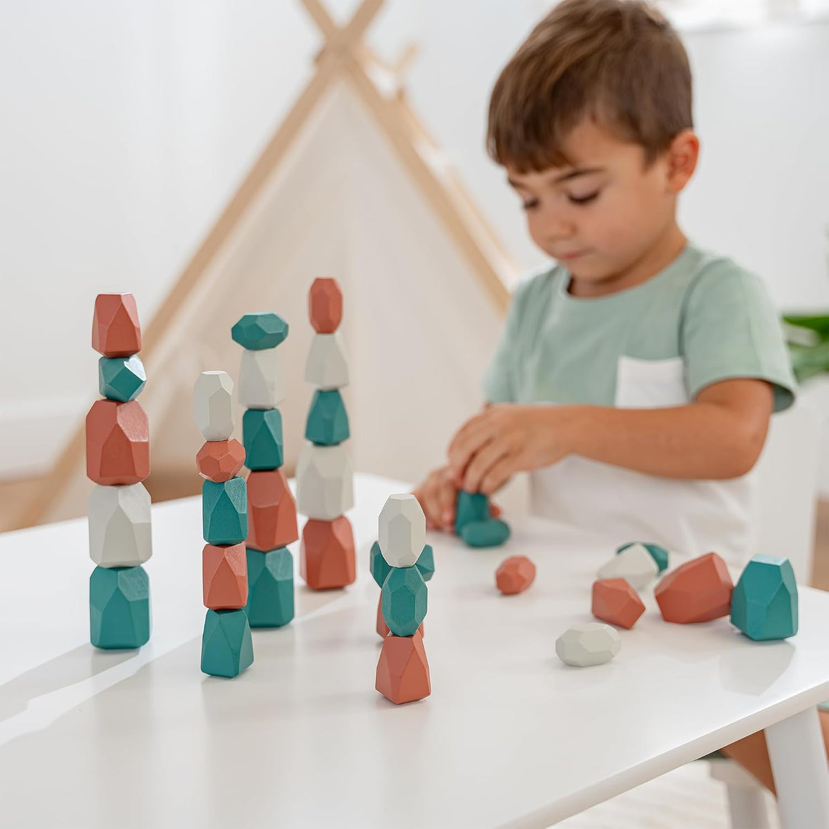 Comfy Cubs wooden stacking rocks, 36 colorful pine wood stones in a neutral pack - view 11