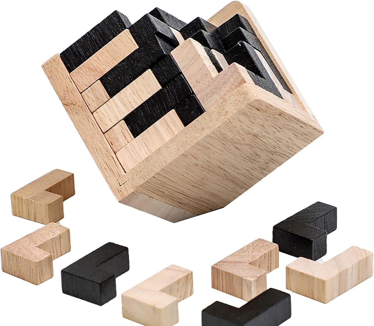 Wooden Brain Teaser Puzzles Cube Stocking Stuffers Wooden Puzzles - L Shape Black and Natural - image 3