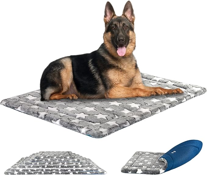 KROSER Fancy Crate Pad Bed Mat Reversible (Cool & Warm), Machine Washable, for Small to XXX-Large Dogs, Grey, Navy, Star Pattern