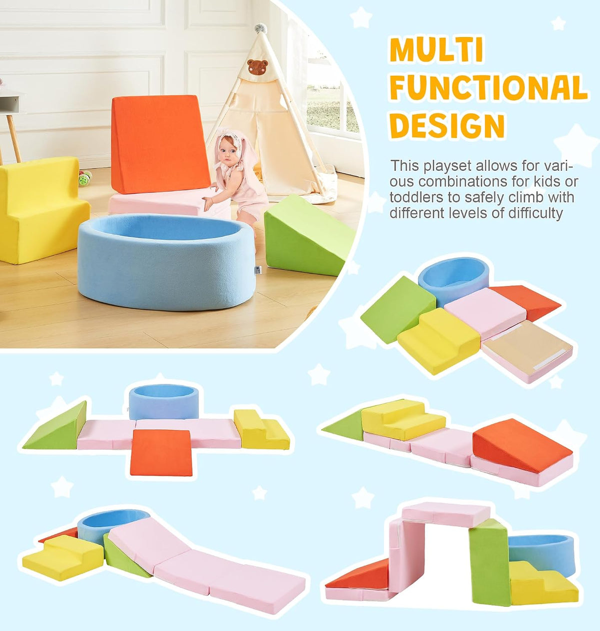Elftopia foam climbing set with ball pit, stairs and ramps for toddlers in grey - view 17