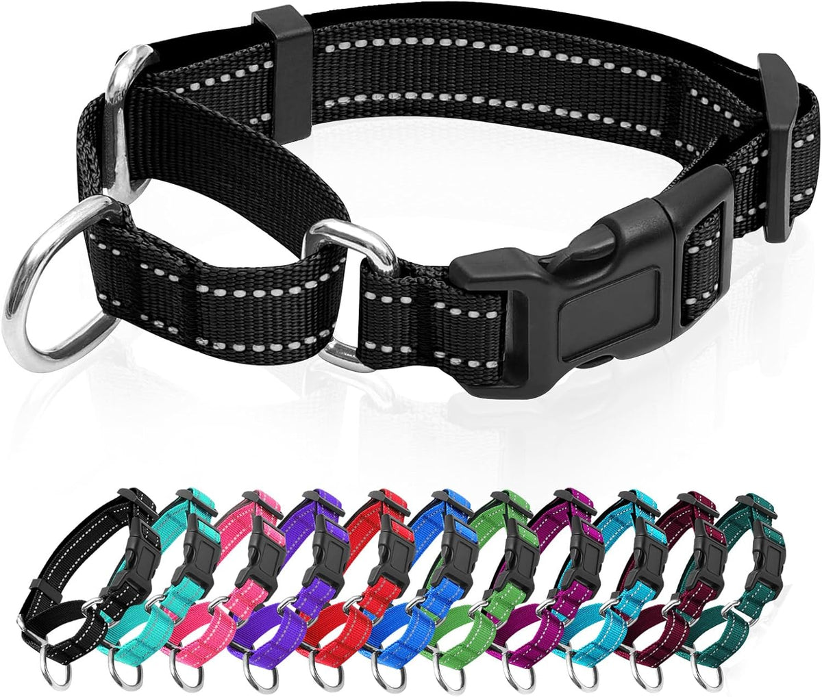 Reflective Martingale Dog Collars. Dog Collar with Quick Release - S:1" Wide for 12.5"-15.5" Neck / Black