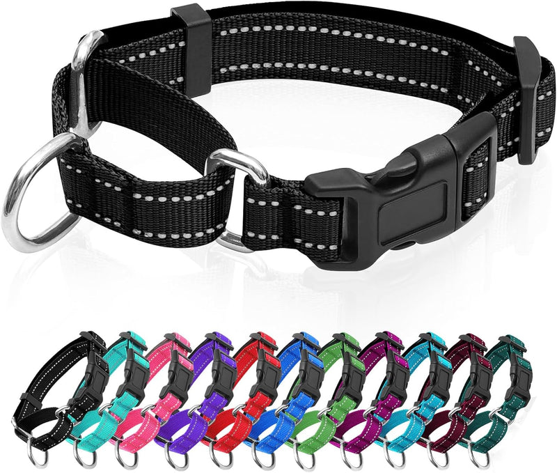 Reflective Martingale Dog Collars. Dog Collar with Quick Release - S:1" Wide for 12.5"-15.5" Neck / Black