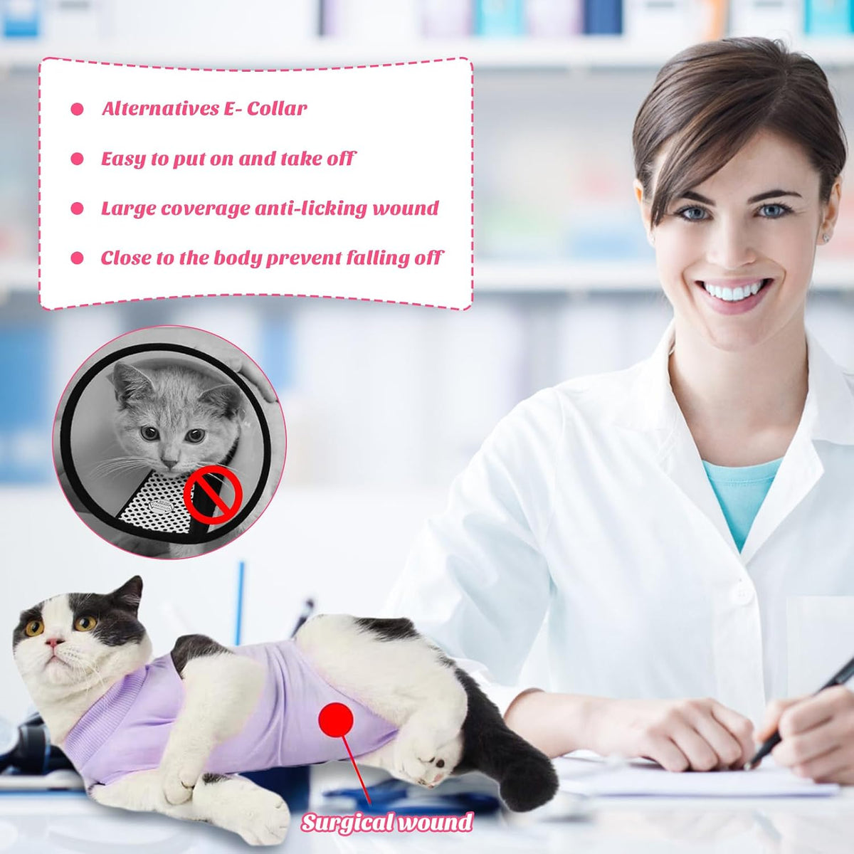 Cat Recovery Suit for Abdominal Wounds Cat Onesie After Surgery Female – Essentials for Cats - Purple / Large - image 2