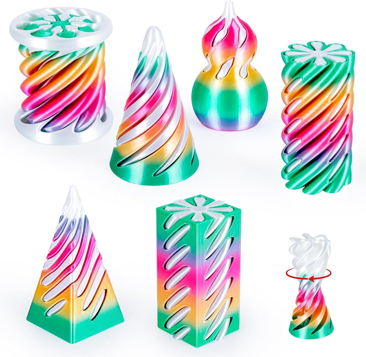 3D Printed Fidget Toys, Impossible Cone & Pyramid Spiral Toy - Candy Gradient+white / 6PCS Normal Size