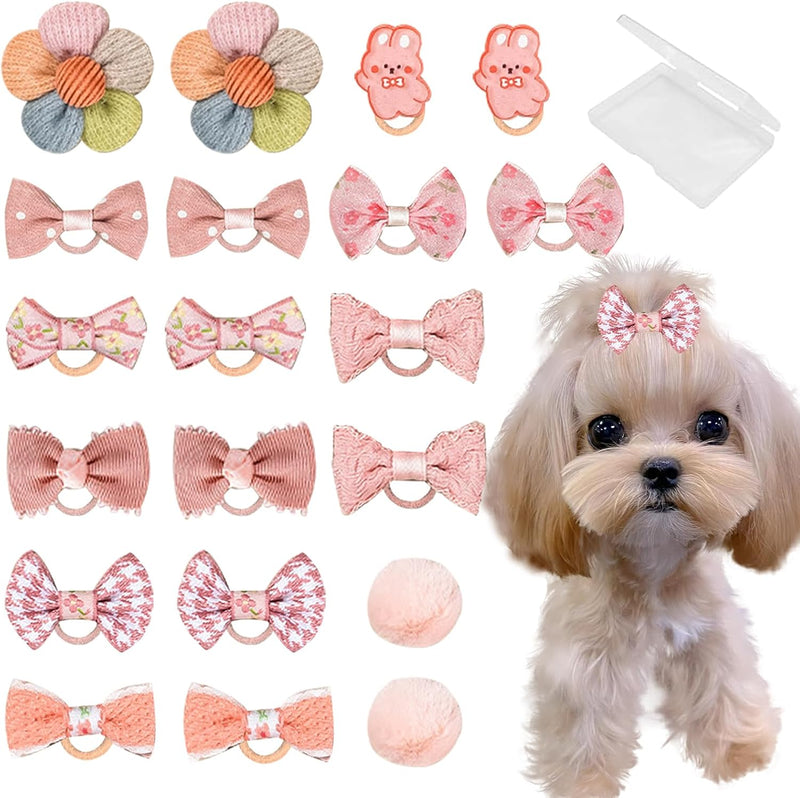 FGISAR 20 Pcs Small Dog Hair Bows with Rubber Bands Handmade Puppy - Pink