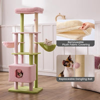 Gardner Pet 65in Heavy Duty Cat Tree Tower for Large Cats, Multi-Level Cat Furniture with Replaceable Sisal Scratching Post, Hammock | Extra-Large Platform & Condo (Pink&Green, Basic φ:2.84")