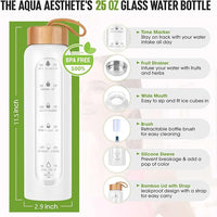 Aqulea Glass Water Bottles 25 Oz with Silicone Sleeve - BPA Free Reusable Wide Mouth Glass Motivational Water Bottles with Fruit Infuser – Leak Proof Borosilicate Water Bottle with Time Marker (White)