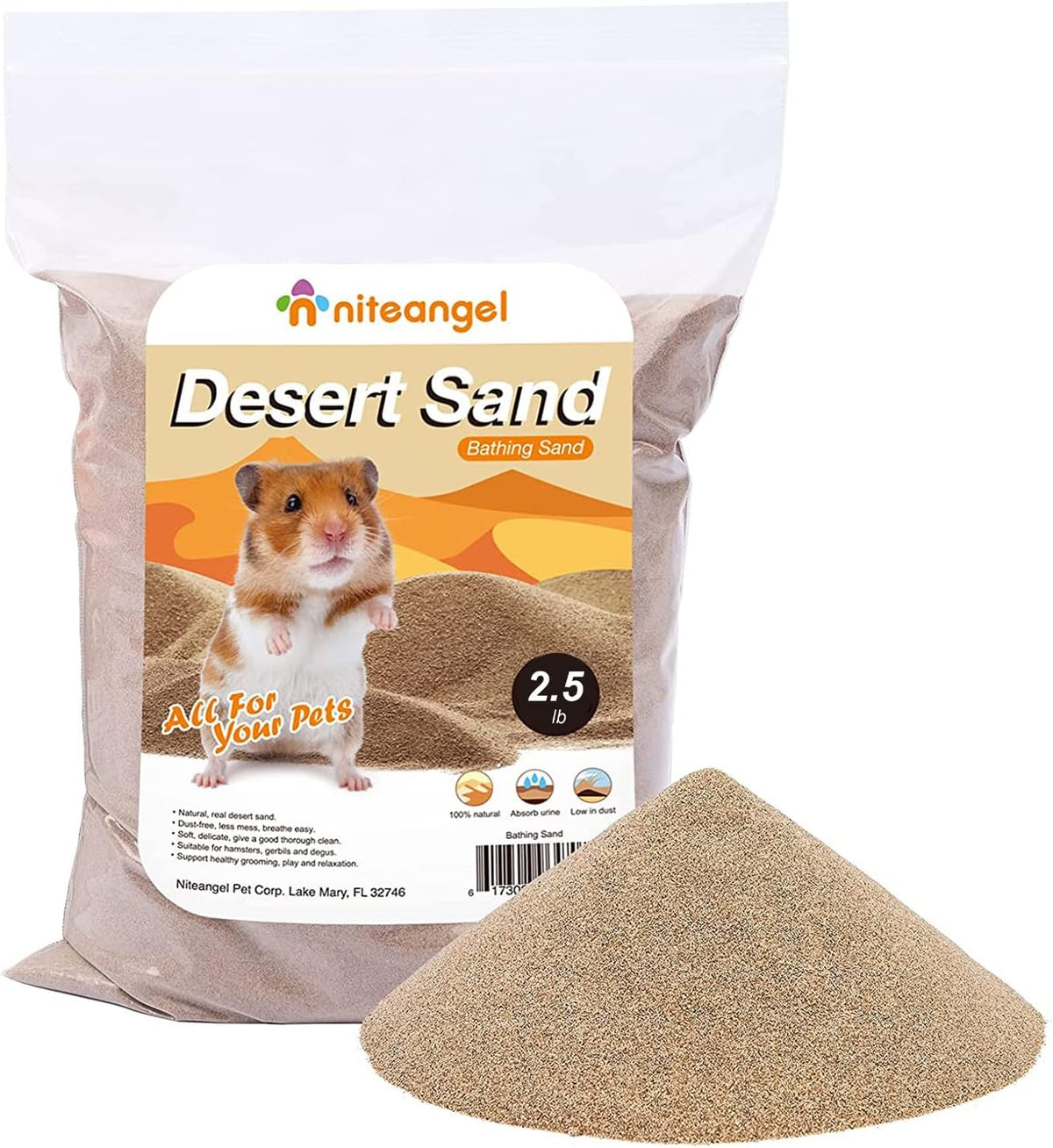 Niteangel Hamster Desert Bath Sand: 2.5lb/40oz No-Dust Bath & Easy - 2.5LB/40oz / Desert Sand