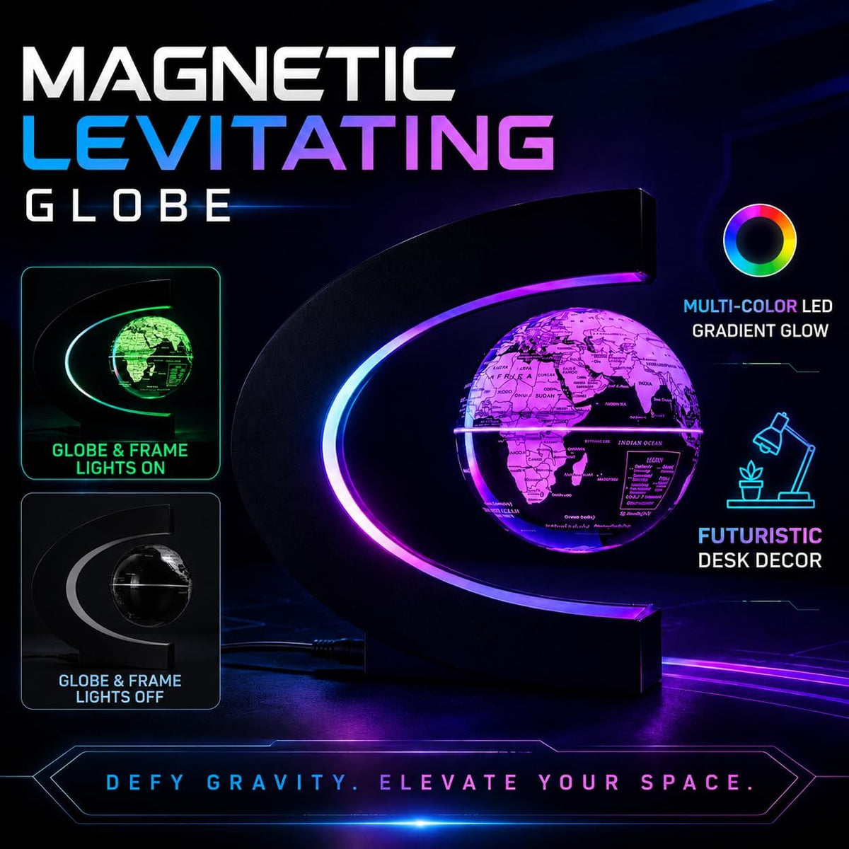 Magnetic Levitation Floating Rotating World Globe with LED Light - Black Color-Changing - image 4
